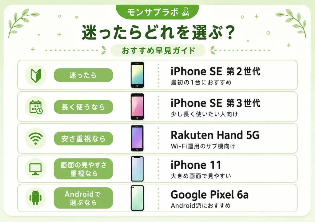 モンスト用サブ機で迷ったときの中古スマホの選び方。iPhone SE2、SE3、Rakuten Hand 5G、iPhone 11、Pixel 6aの選び分け。