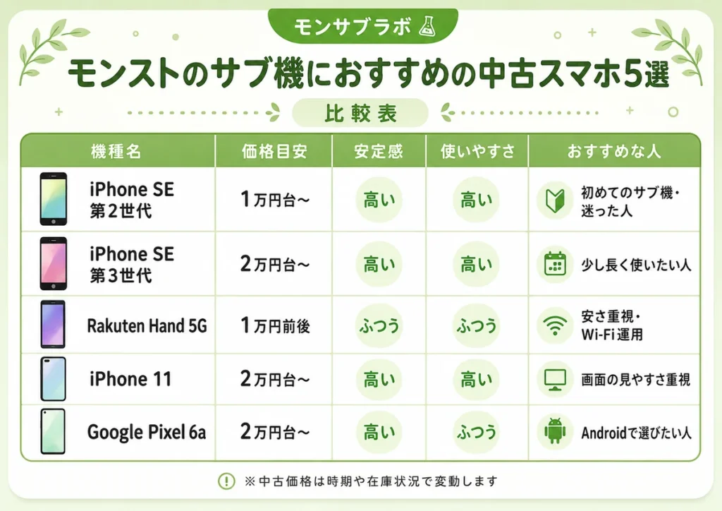 モンストのサブ機におすすめの中古スマホ5機種を、価格・使いやすさ・おすすめ度で比較した表