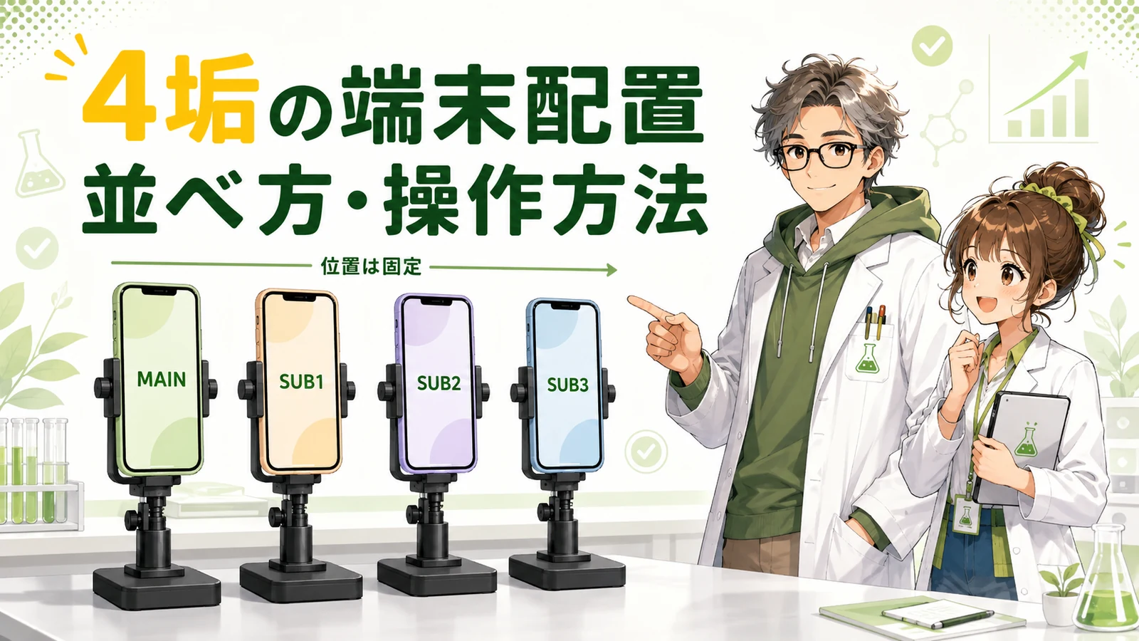 4台のスマホをホルダーに並べたモンスト4垢の端末配置と操作方法