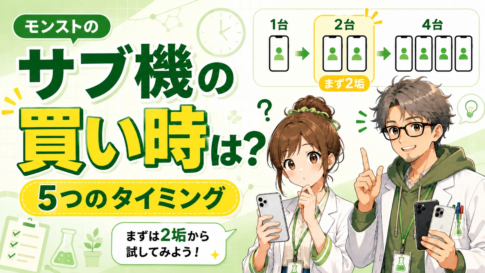 モンストのサブ機を買う5つのタイミングと、まず2垢から試す考え方を表したアイキャッチ