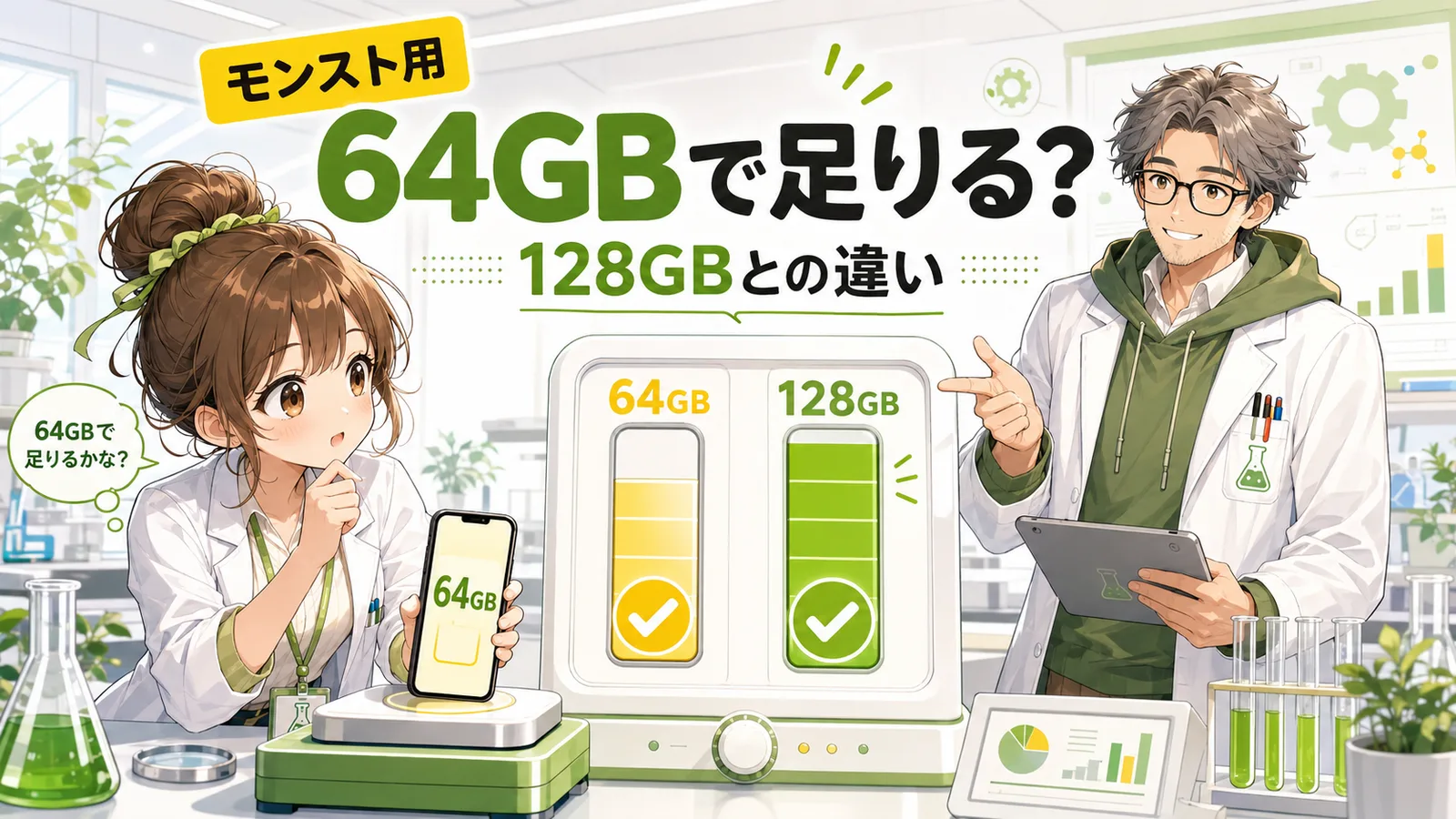 モンストのサブ機は64GBで足りるのか128GBとの違いを解説する管理人と助手ちゃん