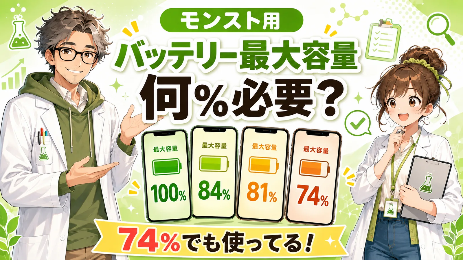 モンスト用サブ機のバッテリー最大容量100％・84％・81％・74％を比較する管理人と助手ちゃん