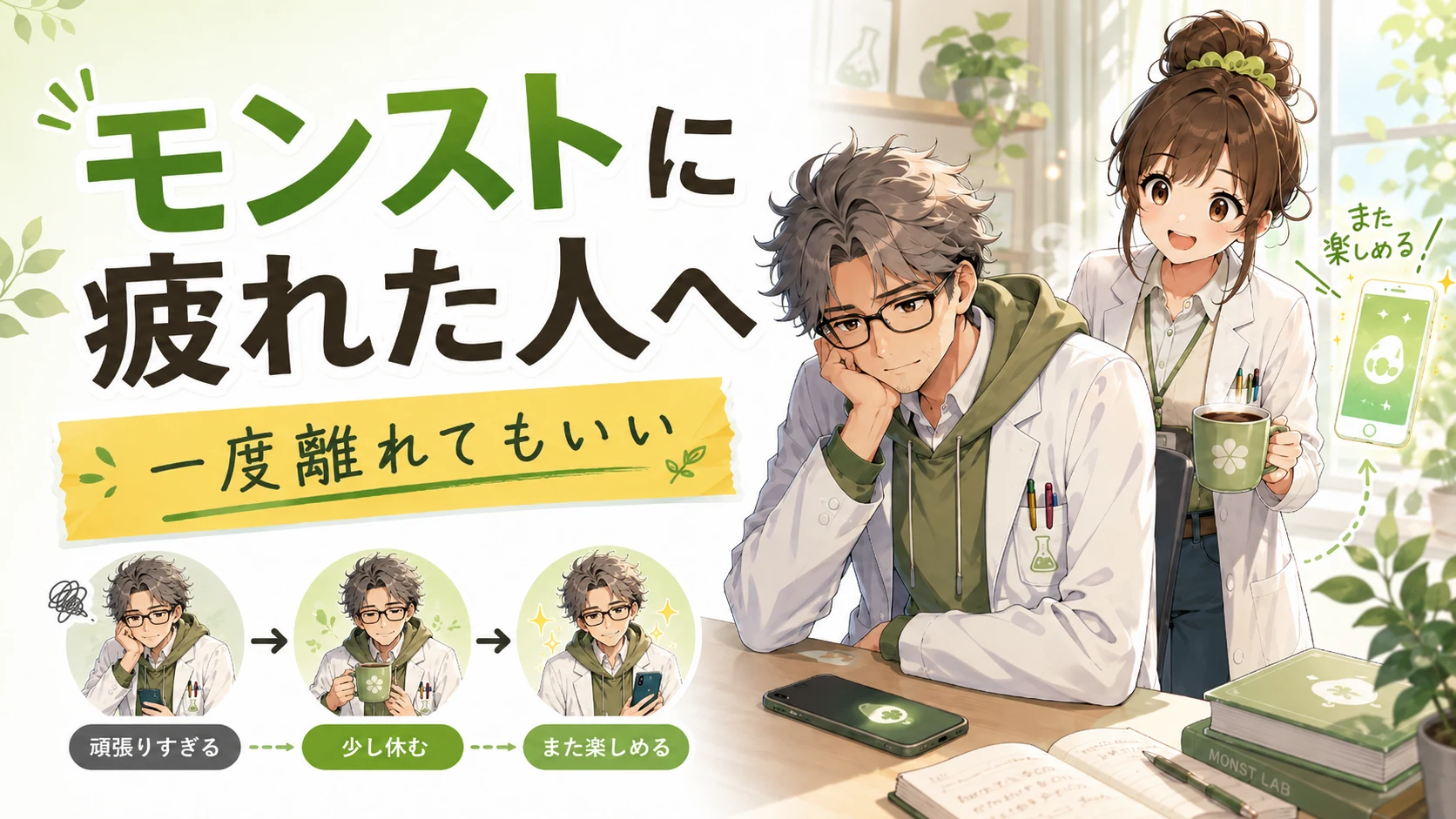 モンストに疲れてスマホを置いた管理人を助手ちゃんが優しく励ますアイキャッチ