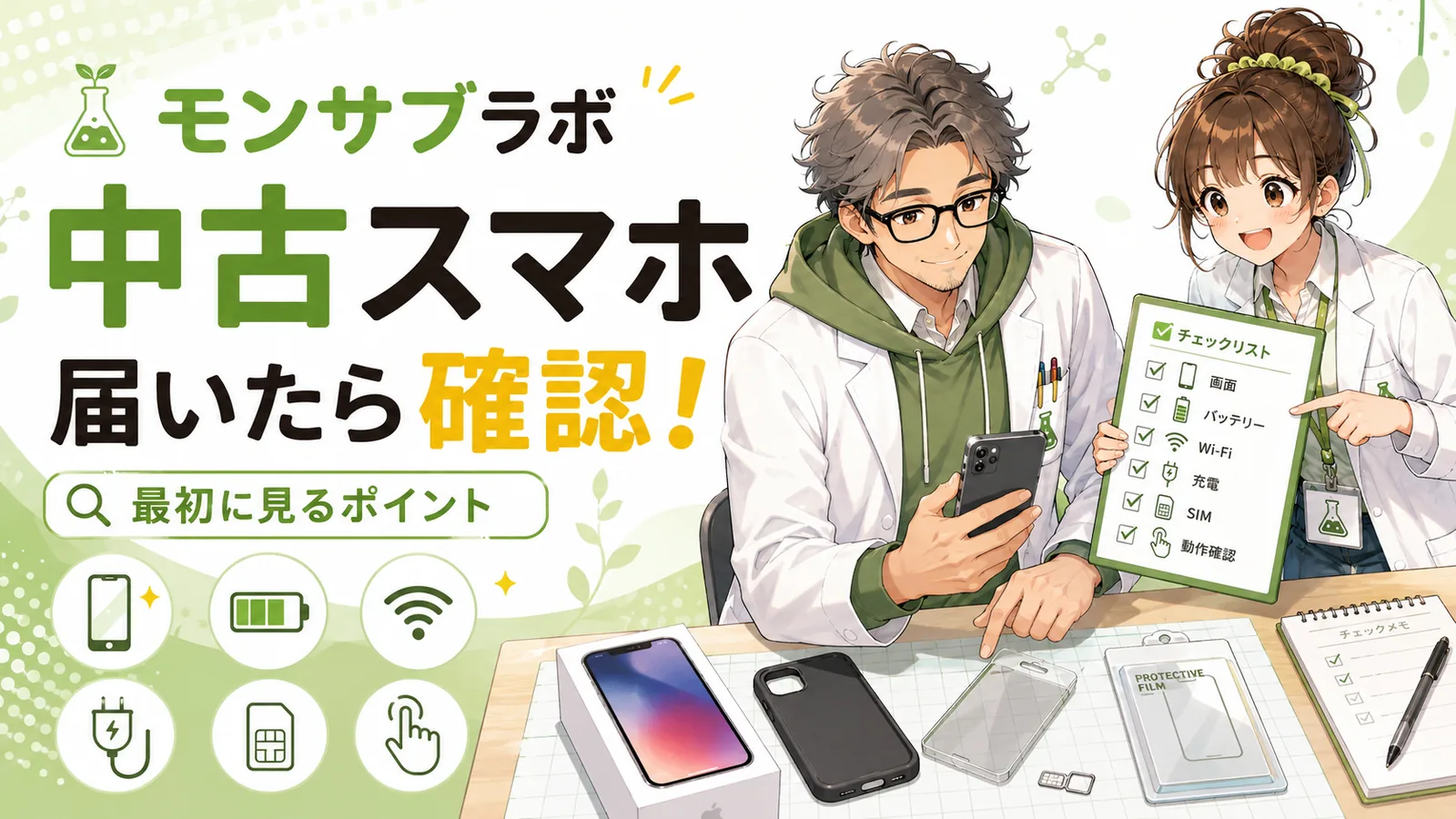 届いた中古スマホの確認ポイントを管理人と助手ちゃんがチェックしているアイキャッチ