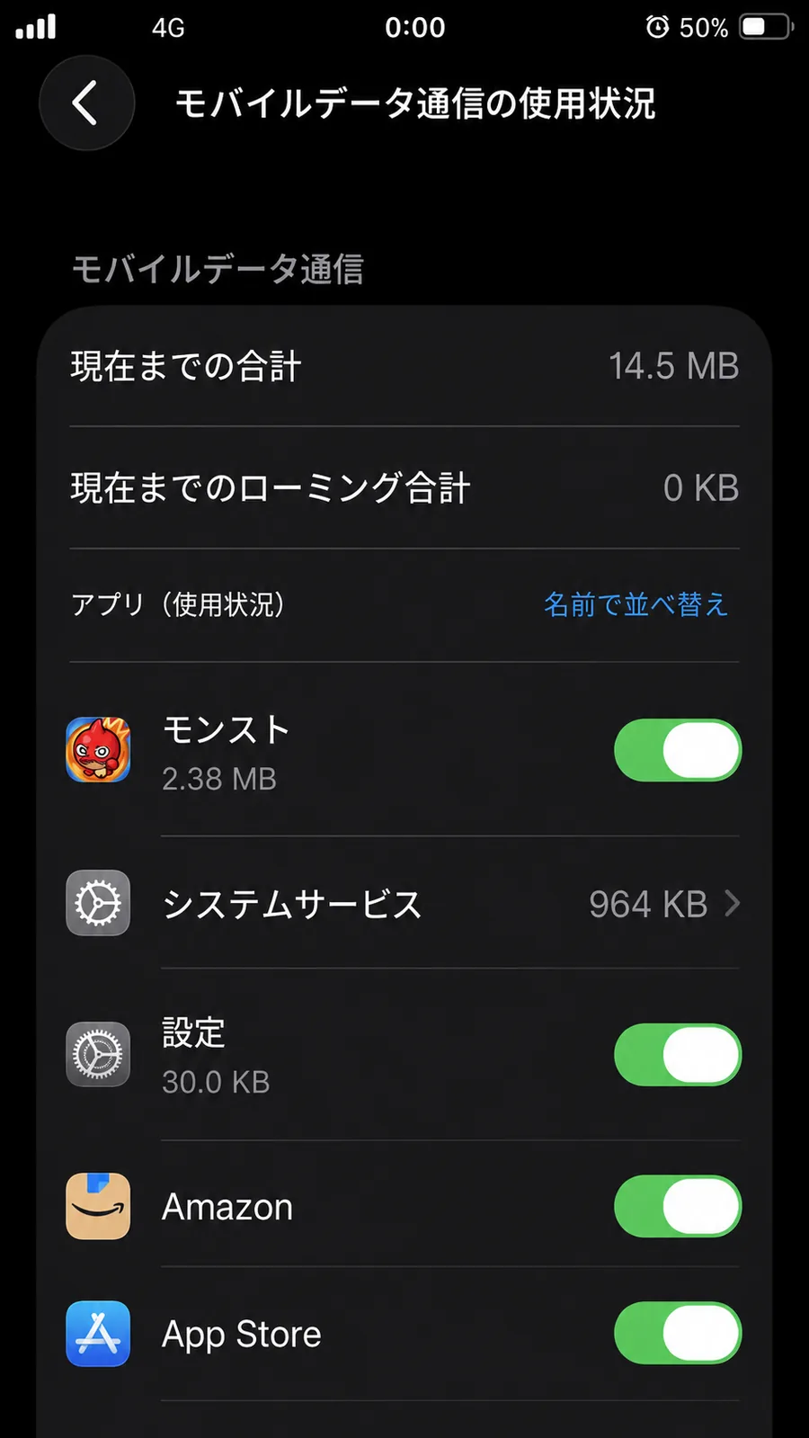 iPhoneでアプリごとのモバイルデータ通信量を確認する画面