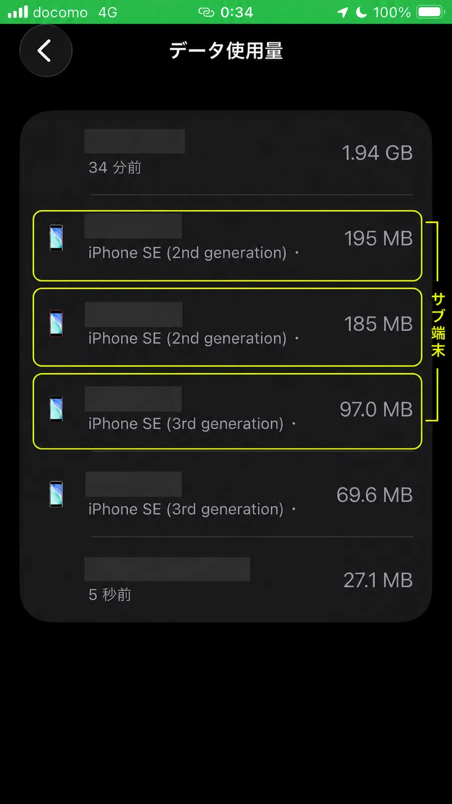 iPhoneのインターネット共有でサブ機3台のデータ使用量を確認した画面